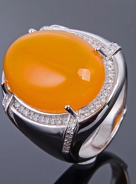 大尺寸活口蜜蜡玉石玛瑙银戒指