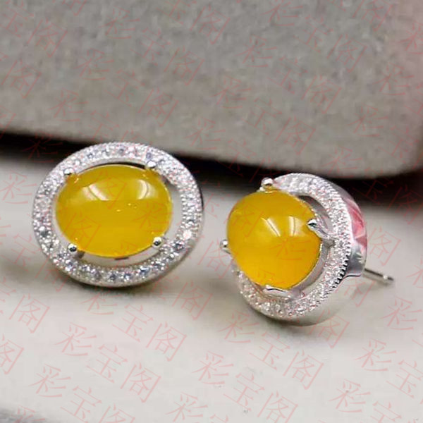 热卖s925银饰小围锆耳钉空托镶嵌彩宝翡翠等4x6mm-8x10mm多尺寸 - 实物图