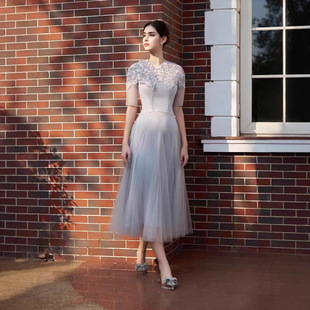 现货越南小众设计气质刺绣轻纱连衣裙优雅温柔收腰长裙