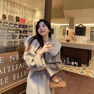 秋冬新款雪后初霁毛呢外套狐狸毛领连帽双面羊毛大衣女中长款