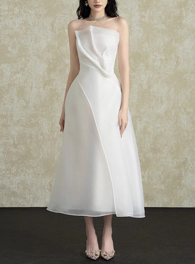 法式名媛气质抹胸小礼服2026夏季新款纯白薄纱韩系高腰伞摆连衣裙