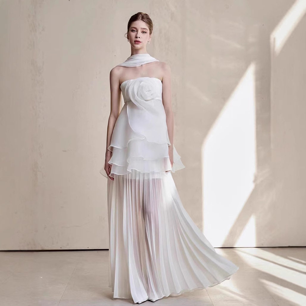 现货越南小众设计花朵抹胸上衣百褶长裙气质温柔两件套装