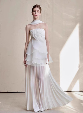 现货越南小众设计花朵抹胸上衣百褶长裙气质温柔两件套装