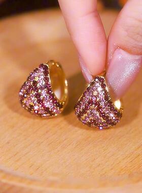 镶钻紫色渐层圆形耳扣耳环女银针防过敏气质耳坠耳环女时尚配饰潮