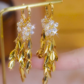 三朵小花流苏麦穗耳扣耳环女长款 重工设计感网红百搭耳饰2023新款