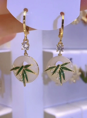新中式绿色平安扣竹节耳扣耳环女复古新款爆款耳坠2025国潮风配饰