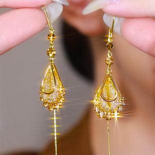 大气款金色网状镶钻水滴耳线耳环女设计感秋冬网红百搭耳饰防过敏