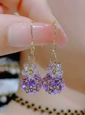 紫色锆石花球球耳钩耳环女清新设计感网红百搭耳饰气质防过敏耳坠