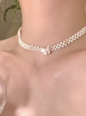 温柔设计感多层仿珍珠蝴蝶项链颈链女短款时尚锁骨链chocker配饰