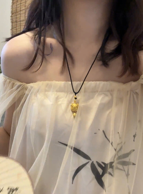 醒狮金色狮子头黑绳项链长款设计