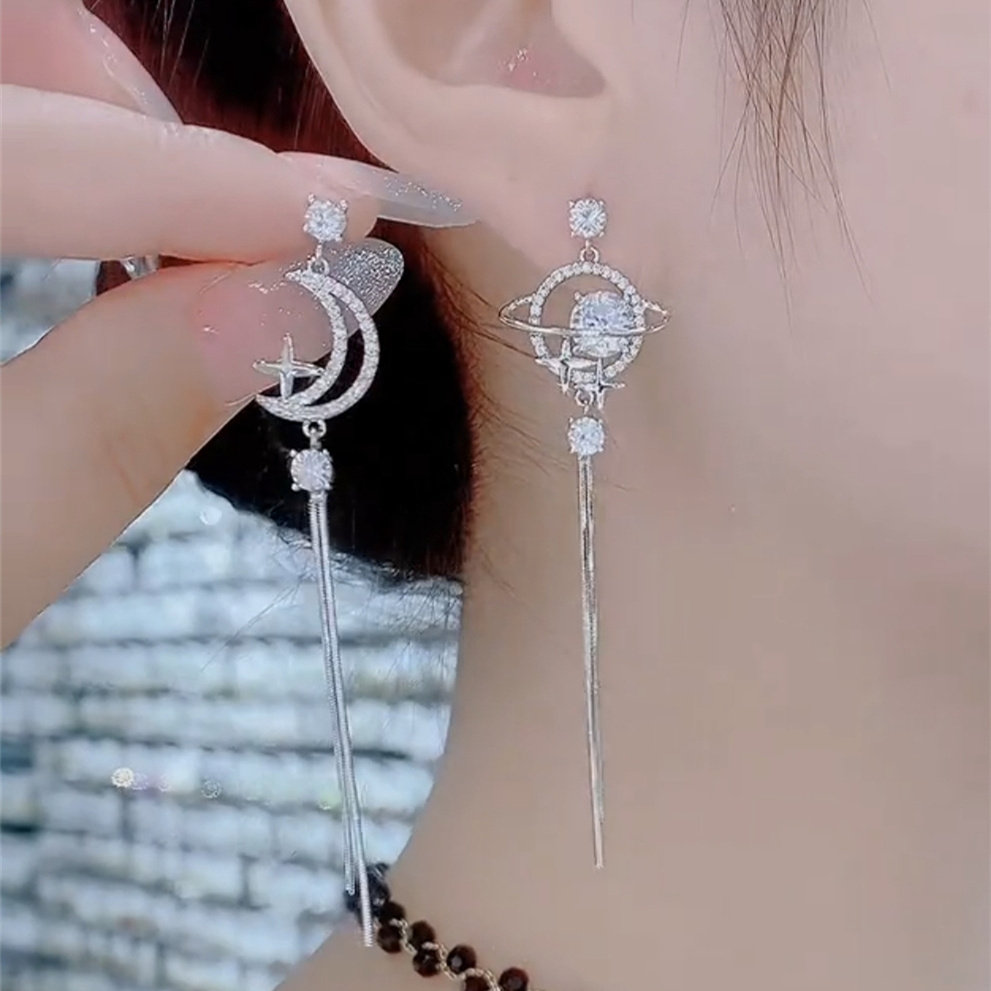 长款流苏月亮星球不对称耳钉耳环女素款夸张超仙百搭耳饰2025新款