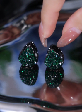 复古满钻绿色小提篮耳扣耳环女枪黑绿豆闪亮网红百搭耳饰2023新款