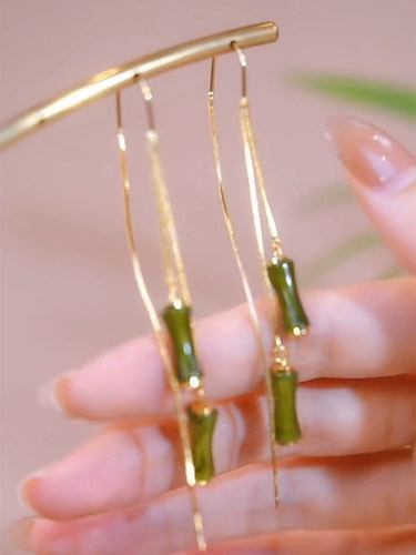 长款绿色竹节耳线耳环女防丢流苏