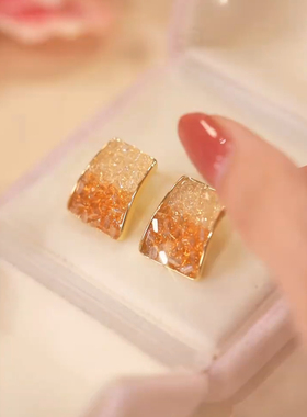 橘子海方形橙色满钻耳钉耳环女清新设计感网红百搭耳饰高级感新款