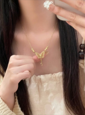 金色蝴蝶流苏转运珠项链女设计感