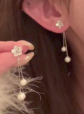锆石小花流苏珍珠耳钉耳环女两戴