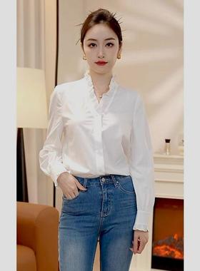 艾尚臣春秋新品打底衬衫女V领木耳边减龄法式高级百搭衬衫设计感