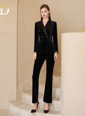 AD黑色丝绒西装套装女复古赫本风小西装外套春秋四粒扣正装喇叭裤