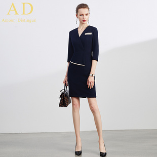 AD高端售楼部工作服女酒店前台职业装连衣裙假两件气质工装套装
