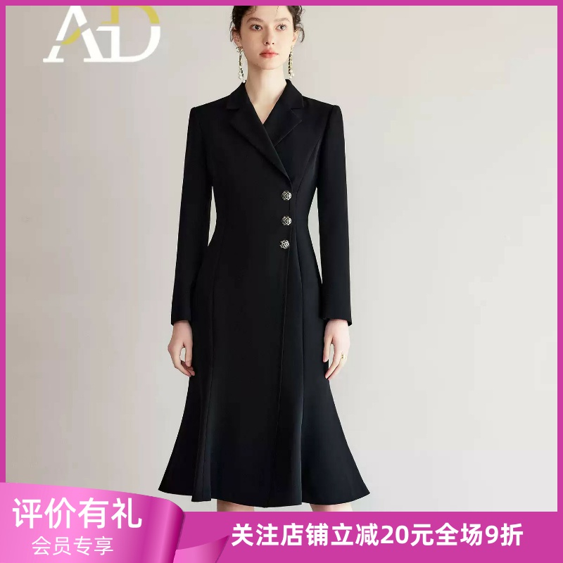 AD黑色鱼尾连衣裙赫本风高级感2025新款女春秋性感裙子西装裙子