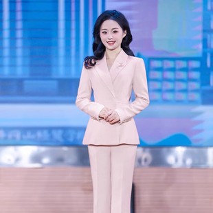 艾尚臣播音主持人粉色西装套装女2025新款阔腿裤职业装两件套春秋
