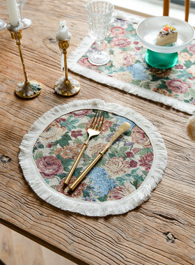 美国跨境工厂直供流苏圆形餐垫花卉桌巾厨房餐桌布装饰餐厅长桌垫