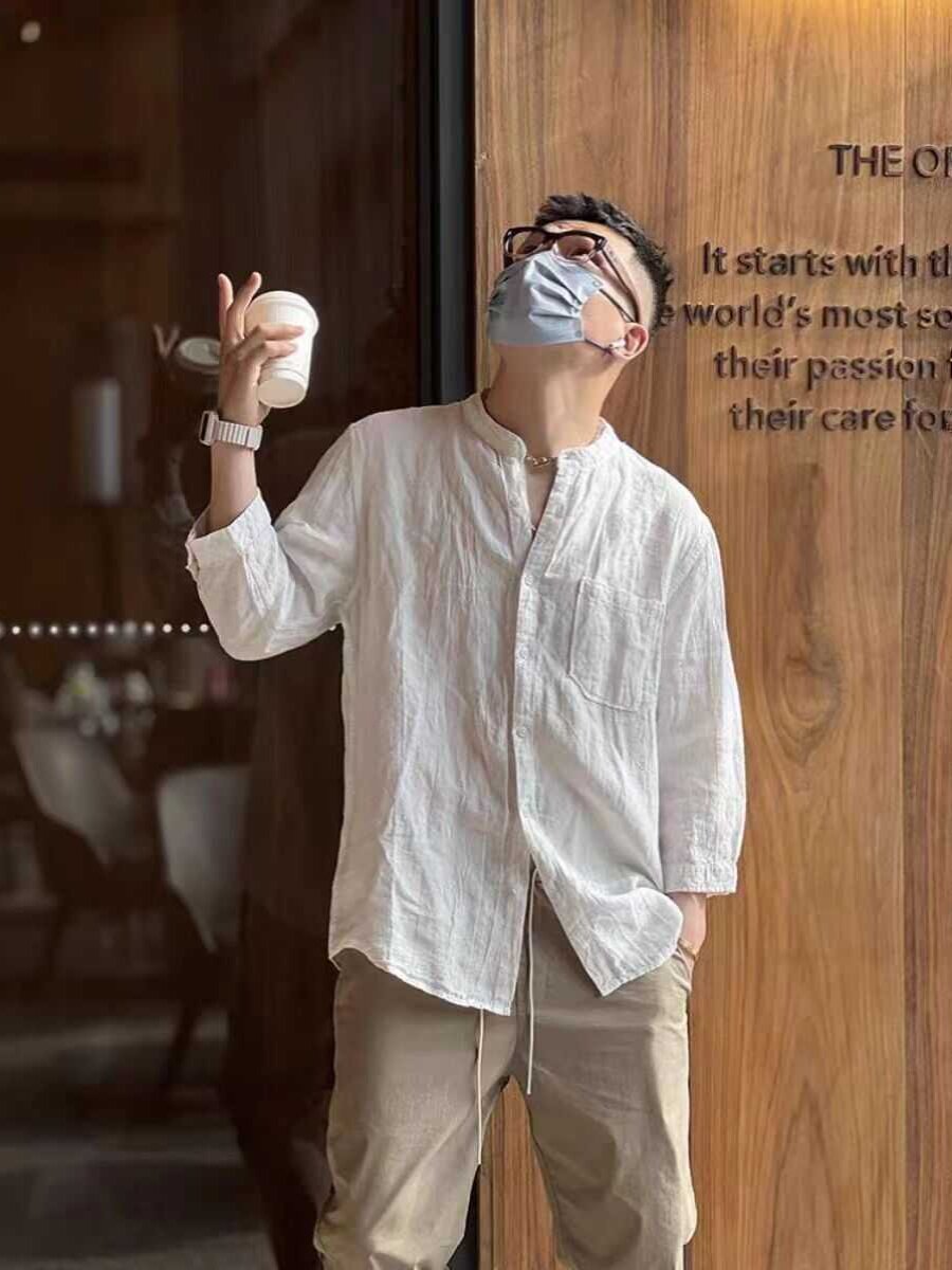 Summer Japanese-style retro casual, cool stand-up collar white shirt for men, trendy and versatile, sun-protective three-quarter sleeve linen shirt thumbnail 6