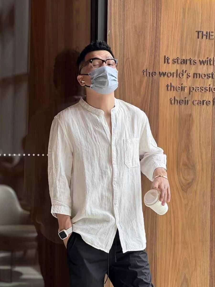 Summer Japanese-style retro casual, cool stand-up collar white shirt for men, trendy and versatile, sun-protective three-quarter sleeve linen shirt thumbnail 4