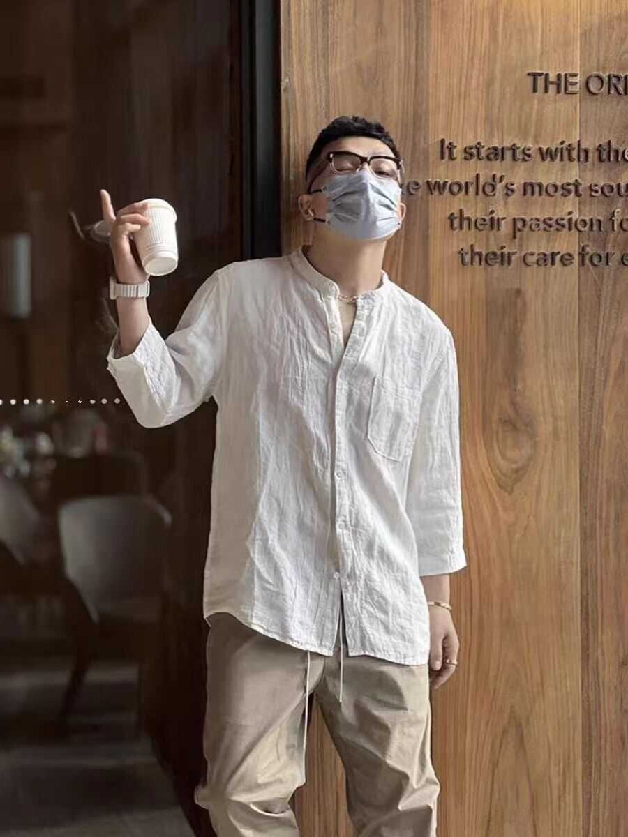 Summer Japanese-style retro casual, cool stand-up collar white shirt for men, trendy and versatile, sun-protective three-quarter sleeve linen shirt thumbnail 5