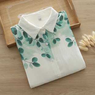 女春季 纯棉双层棉纱衬衫 新 绿色系叶子印花 清新水彩色系上衣小衫