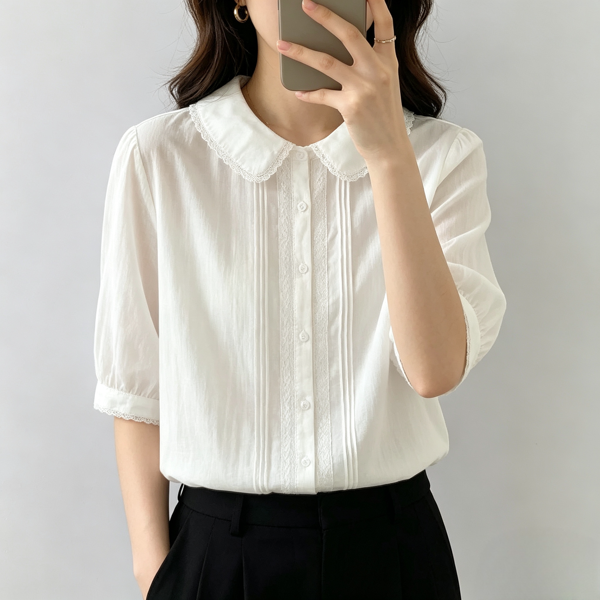 日系白色娃娃领衬衫女短袖小个子森系软妹纯棉设计感文艺气质上衣