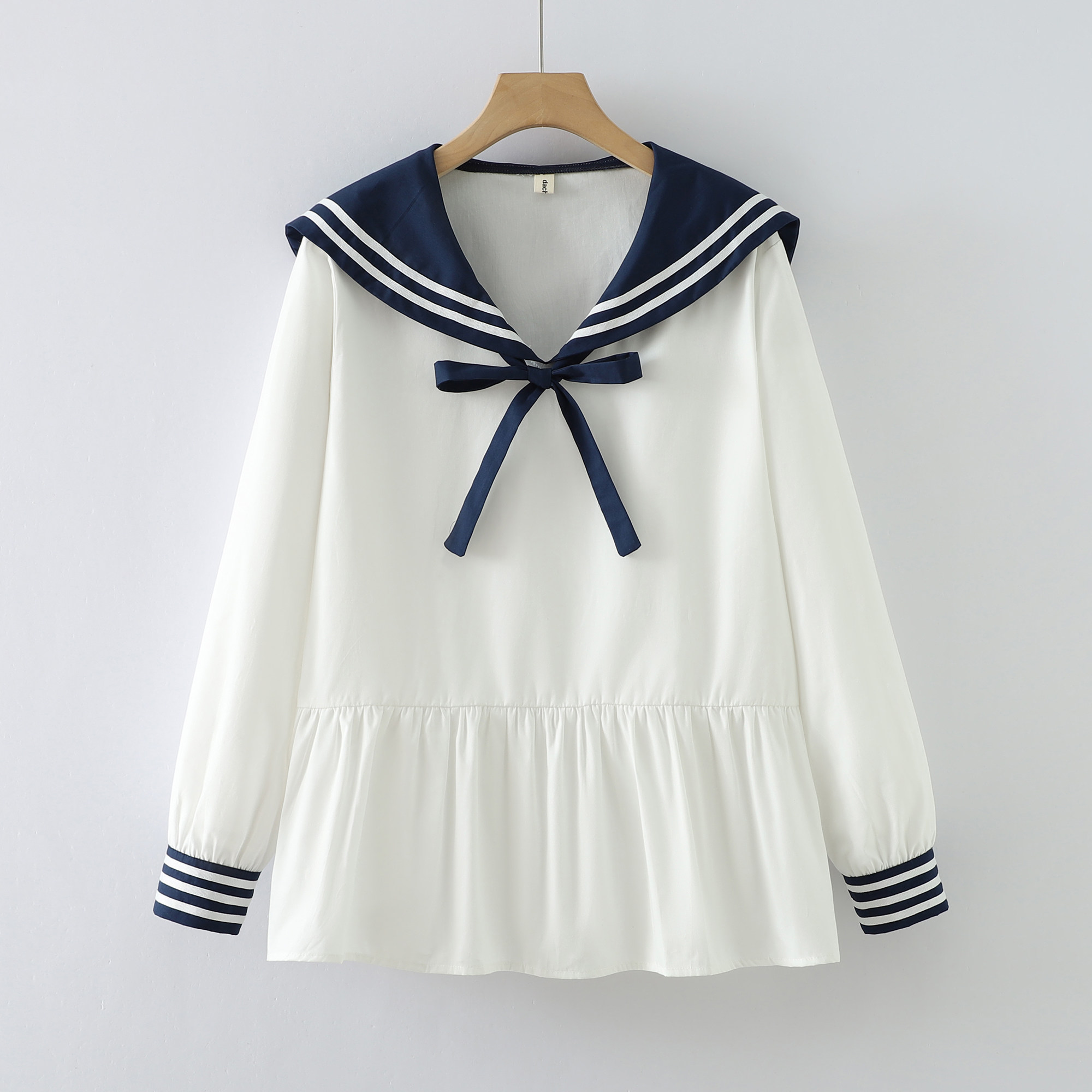 2026春季新款学院风海军领荷叶边衬衫女长袖宽松减龄娃娃衫白色