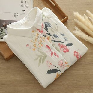 新品 女宽松2026秋装 印花朵百搭文艺纯棉柔软衬衣 衬衫 双层棉纱长袖