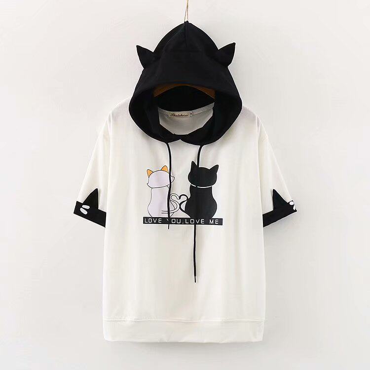少女穿搭夏装日系元气初中高中学生夏季可爱女装猫咪带帽短袖t恤