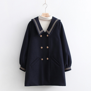 子大衣呢 复古日系海军风学生加厚冬季 毛呢外套女小个子中长款 经典
