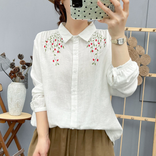 女长袖 清新甜美双层棉纱刺绣小花衬衫 宽松婴儿棉柔软衬衣 新款 秋季