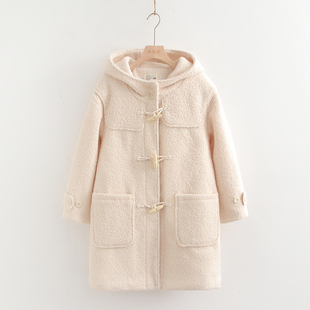 日系软妹高级感重磅毛呢外套少女夹棉加厚中长款连帽呢大衣小个子