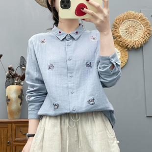 双层棉纱长袖衬衫女日系文艺猫咪卡通刺绣柔软亲肤纯棉打底上衣潮