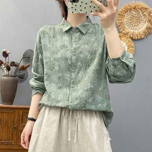 尖领碎花衬衣女宽松遮肉软糯亲肤 春秋款 纯棉双层棉纱印花衬衫 女