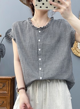 2025夏季新款千鸟格花边领小飞袖棉纱衬衫百搭宽松上衣女66306