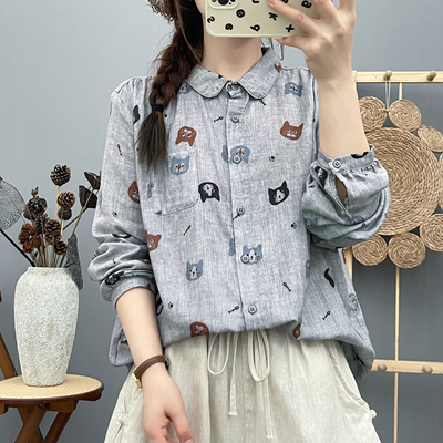 印花双层棉纱长袖衬衫女春秋装