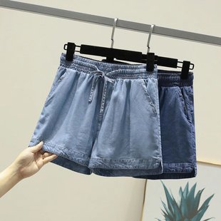 系带天丝牛仔休闲短裤女夏装韩版宽松百搭学生松紧高腰阔腿热裤潮