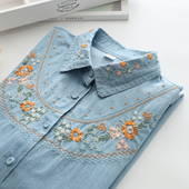 花朵刺绣 衬衫 2025秋季 宽松长袖 女牛仔衬衣上衣 新款 复古文艺
