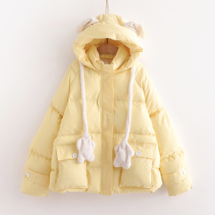 软妹棉衣 小个子甜美可爱奶油黄面包服短款 会动 兔耳朵棉服女冬季