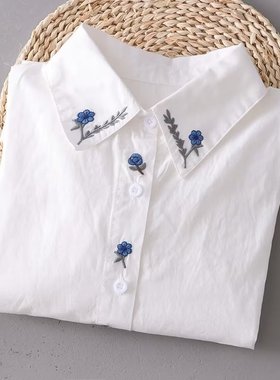 春装新品刺绣蓝色小花全棉长袖衬衫女打底衫韩范减龄百搭衬衣上衣