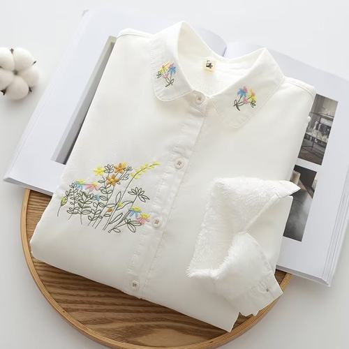 纯棉加绒保暖长袖衬衫女刺绣