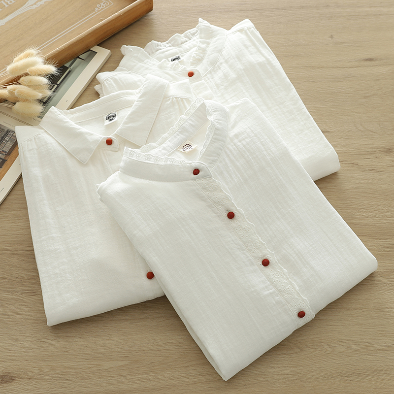 纯棉立领木耳边白色衬衫日系春秋新款长袖纯色打底减龄叠穿衬衣女
