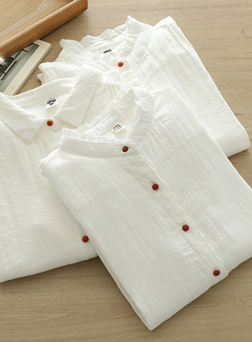 纯棉立领木耳边白色衬衫日系春秋新款长袖纯色打底减龄叠穿衬衣女