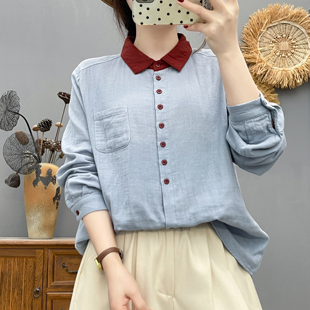 衬衣 百搭文艺纯棉柔软翻领长袖 双层棉纱撞色衬衫 女宽松2026春季