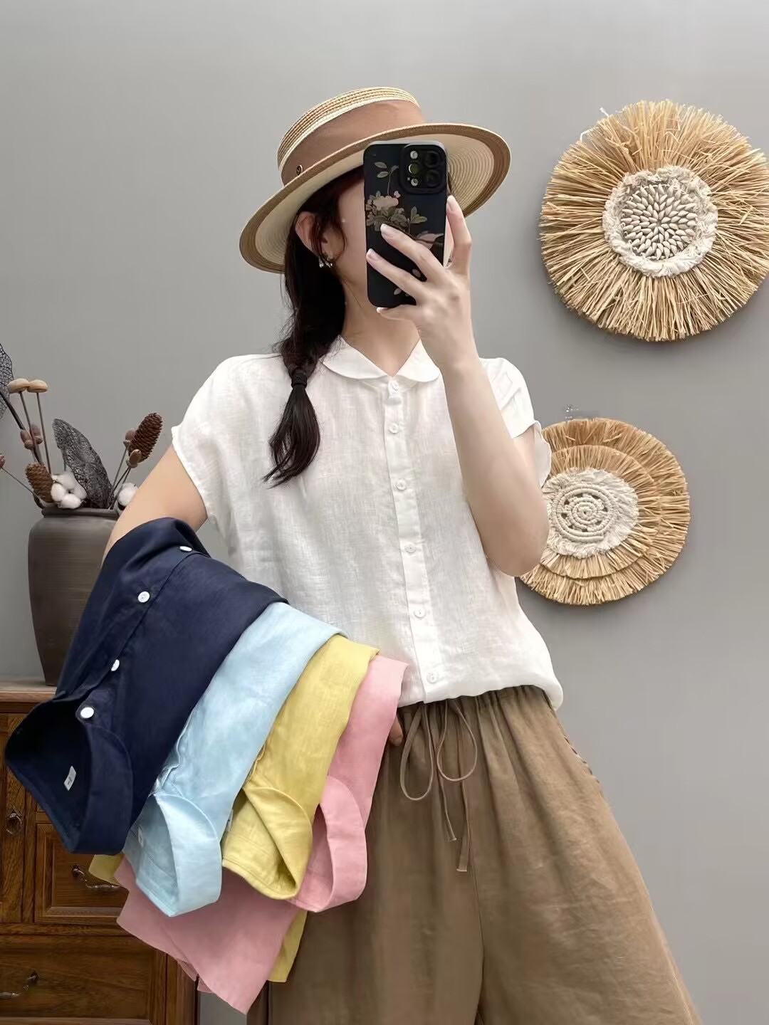 亚麻娃娃领无袖衬衫文艺减龄纯色宽松百搭气质显瘦上衣女C6556
